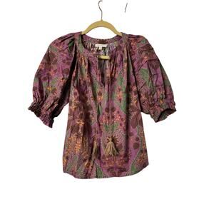 Anna Cate Puff Sleeve Purple Green Yellow Pattern Blouse Tie Front Sz M